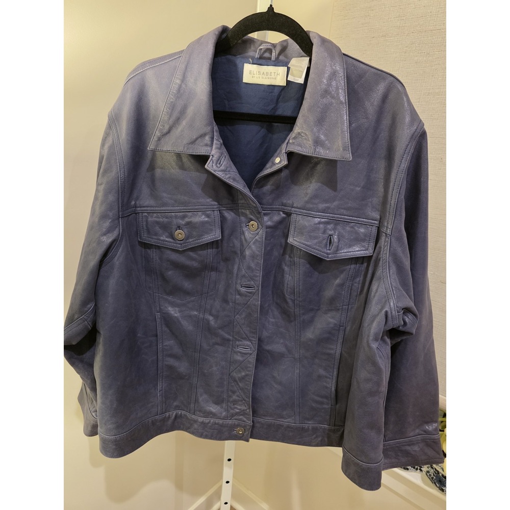 Vintage 90s Womens Periwinkle Blue Genuine Leather Trucker Jacket 3X